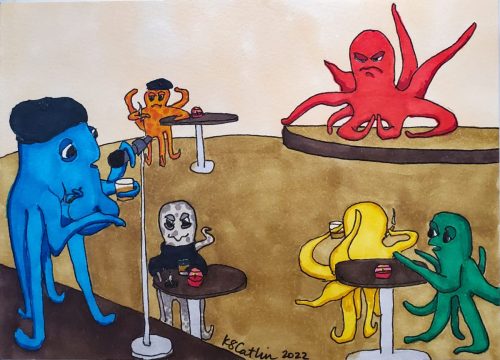 colorful octopi are in a poetry slam bar