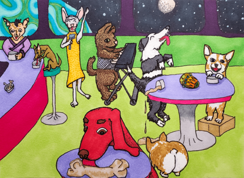 dogs and cats in space sit at a cantina bar