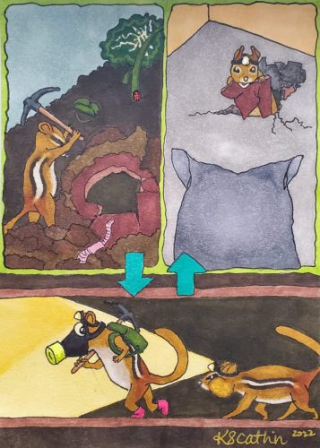 3-panel illustration of chipmunks burrowing into a basement where a cat awaits
