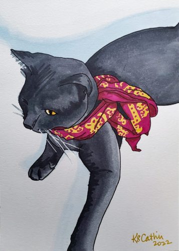 illustration of a grey cat wearing a red scarf