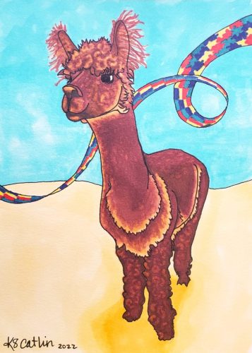 illustration of an alpaca with an autism ribbon in the background